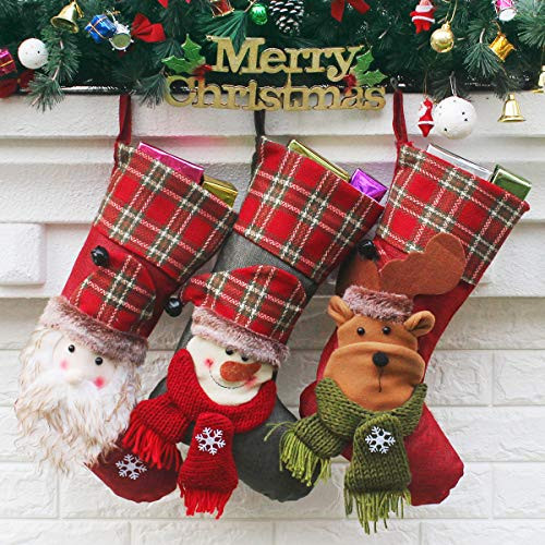 Aiduy Set of 3 Christmas Stockings 18" with Cute 3D Plush Santa Snowman Reindeer Xmas Stockings for Hanging Christmas Decorations and Party Decor