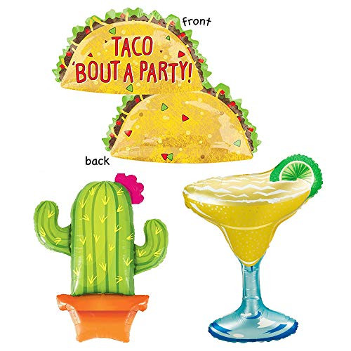 36" Margarita Glass Foil Mylar Balloon 39" Cactus Mylar Foil Balloon & 33" Taco Balloon Bundle