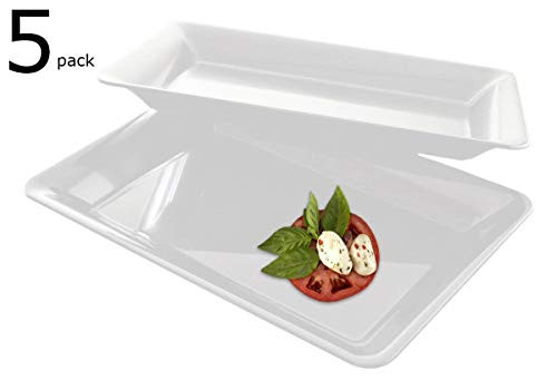 5 Rectangle White Plastic Trays Heavy Duty Plastic Serving Tray 10" x 14" Serving Platters Food Tray Decorative Serving Trays Wedding Platter Party Trays Great Disposable Serving Party Platters White