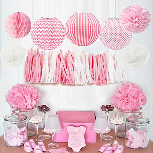 HappyField Baby Girl Baby Shower Decorations Girl Birthday Party Decorations Tissue Pom Poms Paper Lanterns Tissue Paper Tassel Tissue Honeycomb Balls Baby Pink Party Supplies