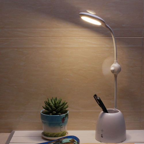 Desk Lamp, AVAWAY USB Rechargeable Table Lamp with Electric Fan and Pen Holder, Stepless Dimmable Adjustable Gooseneck Touch Control Reading Lamp for Office Bedroom