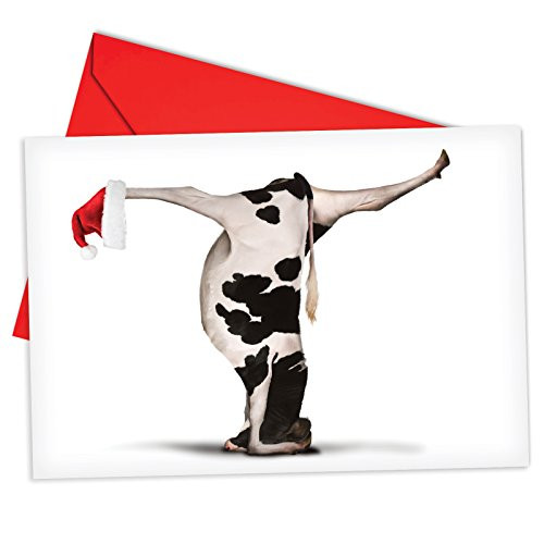 Box Set of 12 Bovine Nirvana Christmas Note Card Featuring a Flexible Cow With a Santa's Hat Perfecting a Yoga Pose; with Envelopes B6545DXSG