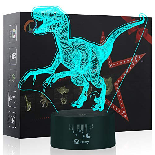 Dinosaur 3D Illusion Lamp, Elstey 7 Colors Changing Optical Illusion Touch Table Desk LED Night Light Great Kids Gifts Home Decoration