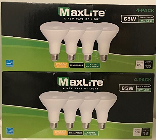 MaxLite BR30 2700K LED Soft White 8 Watt, ( 65Watt replacement), Dimmable 8BR30DLED27/G2/8P (8 Pack)