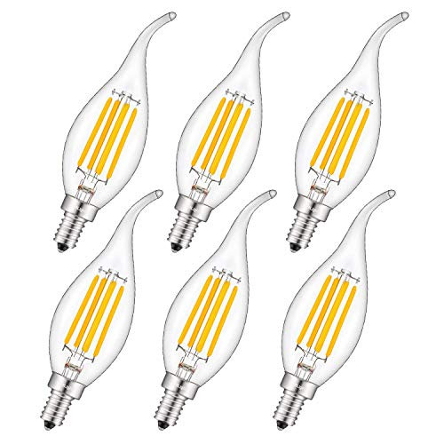 CRLight 3000K Dimmable LED Candelabra Bulb 4W Soft White, 40W Equivalent 400LM E12 Base LED Chandelier Bulbs, C35 Clear Glass Candle Flame Shape, 360 Degree Beam Angle, Pack of 6