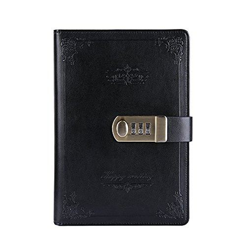 Digital Password Notebook Retro Privacy Journals Combination Lock diary Leather Binder Journal Locking Journal Diary (Black)