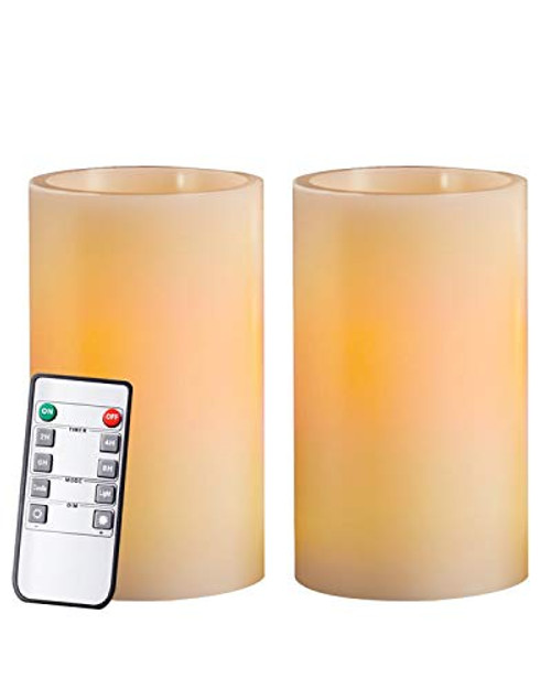 Homemory 5" Real Wax Flameless Flickering Candles Battery Operated LED Pillar Candles, with Remote Control & Convenient Timer for Wedding, Party, Festival (Pack of 2, Ivory)
