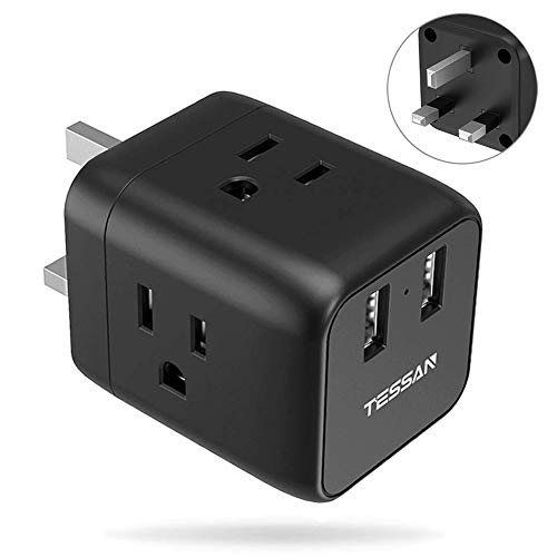 UK Ireland England Travel Adapter Plug, TESSAN Type G Power Plug Adapter with 2 USB Ports & 3 American Sockets, USA to UK London Scotland British Hong Kong Outlet Adaptor, Black