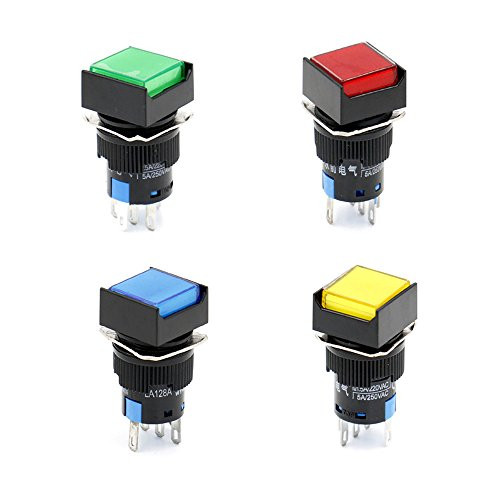 Baomain 16mm Push Button Switch Momentary Square Cap LED Lamp Red Yellow Blue Green Light DC 12V SPDT 5 Pin 4 Pack