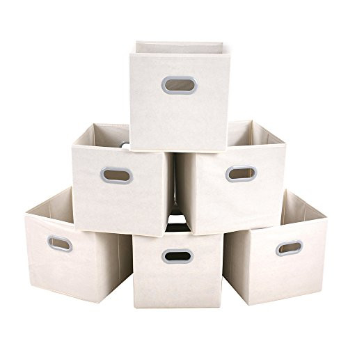 MAX Houser Fabric Storage Bins Cubes Baskets Containers with Dual Plastic Handles for Home Closet Bedroom Drawers Organizers, Flodable, Beige, Set of 6