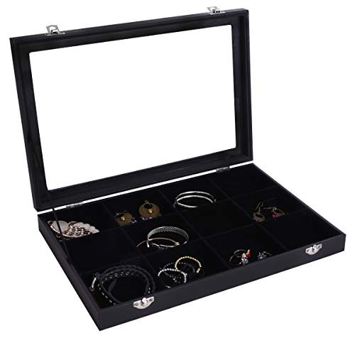 AUTOARK Velvet Clear Lid 12 Grid Jewelry Tray Showcase Display Organizer,Black,AJ-082