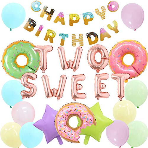 Two Sweet Birthday Party Supplies - Two Sweet Donut Foil Balloons Happy Birthday Banner for Girls 2nd Birthday Party Baby Shower