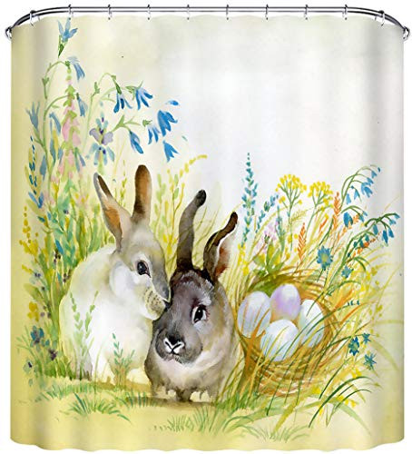 LB Watercolor Rabbit Bunny Easter Egg Shower Curtain, Holiday Festival Easter Themed Printed Curtain for Bathroom, 59 W x 70 L Shower Curtain Waterproof