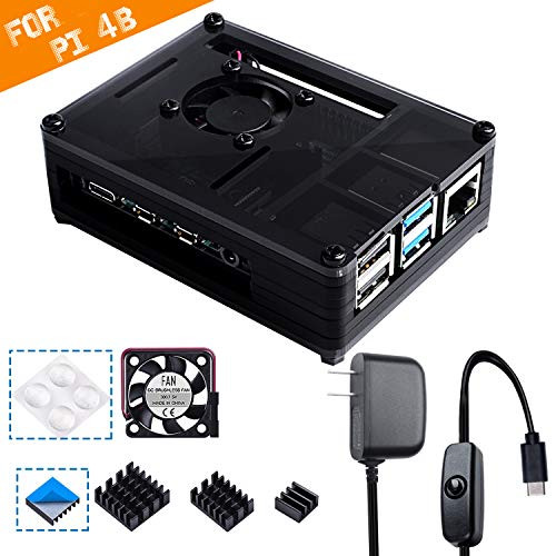 Smraza Compatible with Raspberry Pi 4 Case, Acrylic Case with Cooling Fan, Heatsinks, 5V 3A USB-C Power Supply for Raspberry Pi 4 Model B (RPI 4 Board Not Included) - Black