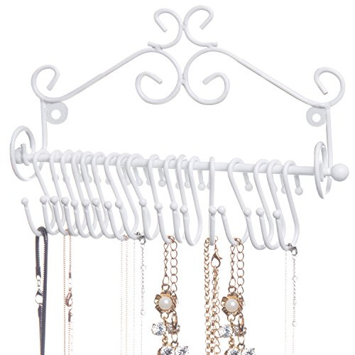 MyGift Wall-Mounted White Metal Scrollwork Design Hanging Jewelry Organizer Rack w/ 18 Hanging S-Hooks