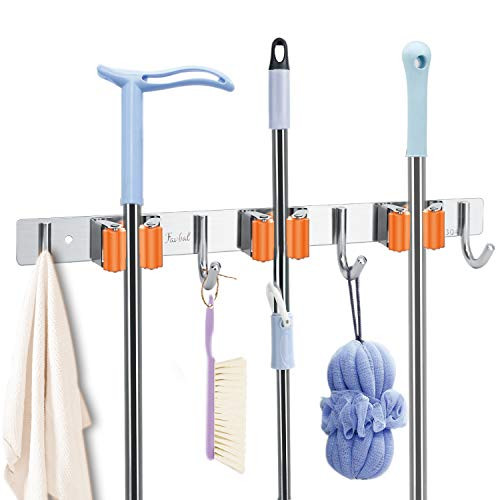 Favbal Broom Mop Holder Wall Mount Stainless Steel Wall Mounted Storage Organizer Heavy Duty Tools Hanger with 3 Racks 4 Hooks,Screw and Adhesive Installation,Great for Saving Space