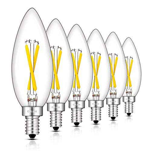 CRLight 2W 4000K LED Candelabra Bulb Daylight White 300LM Dimmable, 30W Incandescent Equivalent, Replace 4W Compact Fluorescent CFL Bulbs, E12 Base B10 Candle Clear Glass Torpedo Top, 6 Pack