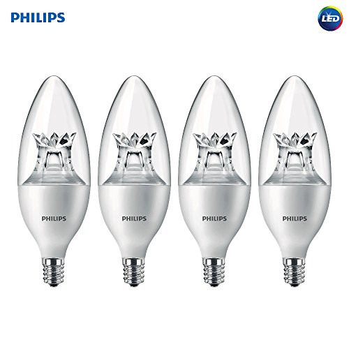 Philips LED Dimmable B12 Soft White Light Bulb with Warm Glow Effect 330-Lumen, 2700-2200-Kelvin, 4.5-Watt (40-Watt Equivalent), E12 Base, Clear, 4-Pack