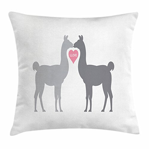 Ambesonne Llama Throw Pillow Cushion Cover, 2 Animals in Love with a Heart Between Them LLove Words Greyscale Animals, Decorative Square Accent Pillow Case, 16" X 16", Grey Pale Grey Pink