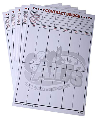 Premium Contract Bridge Score Pad with Game Instructions, Set of 5 Pads (250 Sheets) by All7s