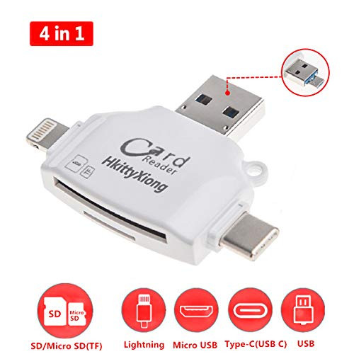 SD TF Memory Card Reader,4in1 Connector with Lighting/USB Type C/Micro USB/USB, External Storage Card SD/Micro SD Card Reader Adapter Compatible with iPhone/iPad/Android Phones/Mac/PC