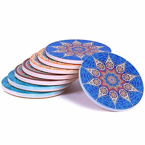 Coasters for Drinks - Set of 8 Absorbing Ceramic Stone Drink Coaster with Cork Base, Prevent Furniture from Dirty and Scratched, MANDALA Designs Coasters set Suitable for Kinds of Mugs and Cups