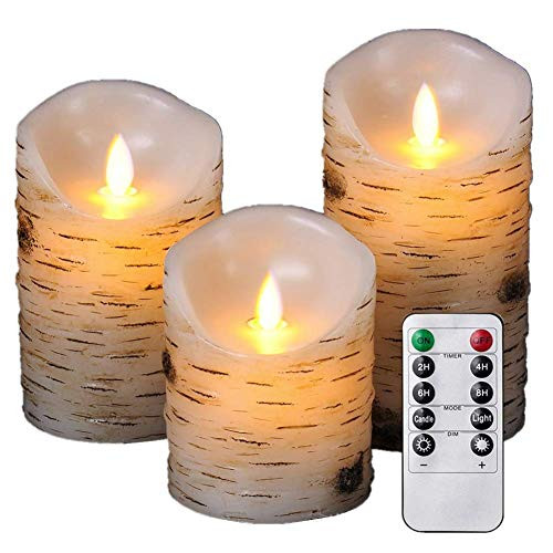 HEIOKEY Flameless Candle Set of 3 (4" 5" 6") LED Flameless Candles with Birch Bark Effect Dripless Real Wax Flickering Pillar Lights Battery Operated Dancing Candles with Timer and Remote Control