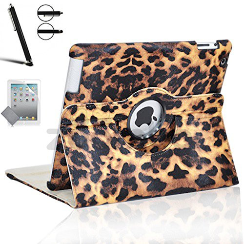 Zeox iPad Air 2 Case - 360 Degree Rotating Stand Case with Smart Cover Auto Sleep / Wake Feature for Apple iPad Air 2 (iPad 6) 2014 Model with Screen Protector Cover and Stylus Pen, Leopard