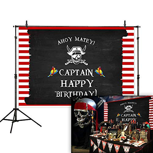 Allenjoy 7x5ft Rustic Pirate Captain Backdrop Skull Parrot Red and White Stripes Vintage Black Background Children Birthday Baby Shower Party Decoration Photo Booth Cake Table Banner