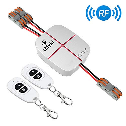 eMylo 2 Channels Remote Control Switch AC 110V-240V Wireless 10A Relay Receiver Module RF Switch 433Mhz compatible wall switch with 2pcs Transmitters and One Receiver for Smart Home Life