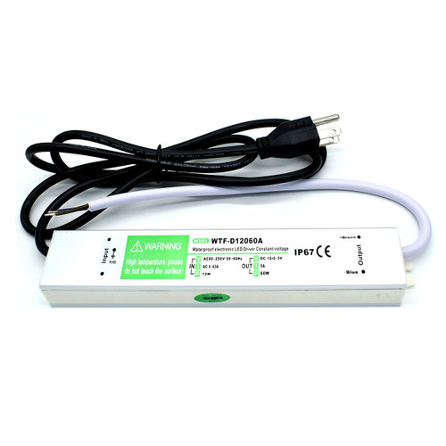 PLUSPOE Waterproof 12 volt 60 watt LED Power Supply Driver Transformer with 3-Prong Plug, Aluminum Alloy Housing IP67