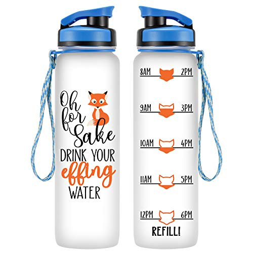 LEADO 32oz 1Liter Motivational Tracking Water Bottle with Time Marker - Oh for Fox Sake Drink Your Effing Water - Funny Birthday Gifts for Women, Wife, Mom, Daughter, Best Friend - Drink More Water