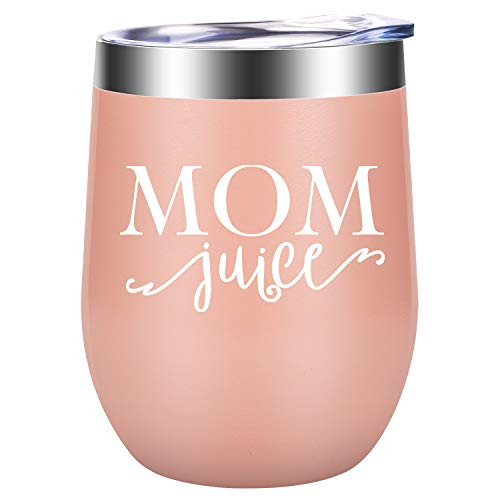 Mom Juice - Best Mom Birthday Gifts for Mom, New Mom, Wife from Daughter, Son, Husband - Funny New Baby, Mothers Day Gift Ideas for Women, Her - LEADO 12oz Stemless Wine Tumbler Mommys Sippy Cup