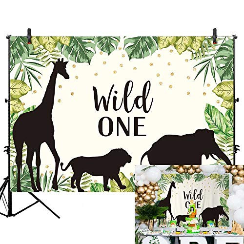 Allenjoy 7x5ft Wild One Theme Backdrop Safari Jungle Animals Theme Photography Background Baby Boy First 1st Birthday Party Banner Golden Dots Cake Table Decorations Photobooth Studio Props