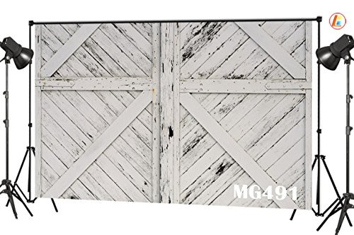 LB Rustic Barn Door Backdrops for Photography 7x5ft Vinyl Vintage White Wood Door Photo Backdrop for Kids Newborn Baby Shower Birthday Party Photo Booth Background