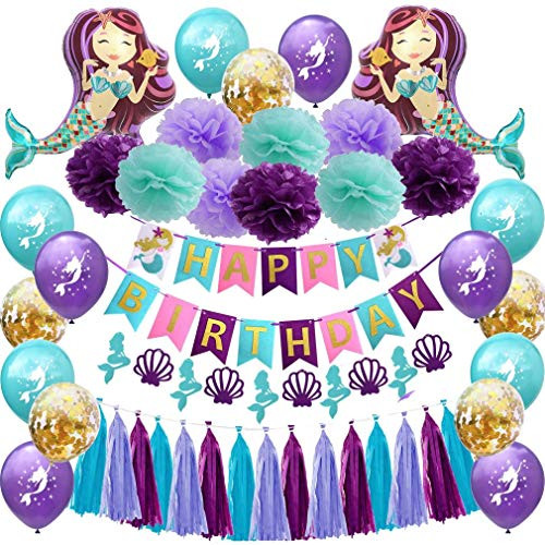 Mermaid Birthday Party Decorations Supplies - Happy Birthday Mermaid Banner, Giant Mermaid Balloon,Pom Pom Paper Flowers, Latex Confetti Balloons For Girl's Birthday Party Mermaid Birthday Party Decorations Supplies - Happy Birthday Mermaid Banner, Giant Mermaid Balloon,Pom Pom Paper Flowers, Latex Confetti Balloons For Girl's Birthday Party