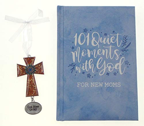 Hickoryville 101 Quiet Moments with God for New Moms - Blue Gift Book Boy Bundled with Colorful Cross Ornament