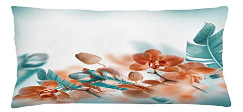 Ambesonne Tropical Throw Pillow Cushion Cover, Tropical Orchids Blossom Leaves on Blurred Background Floral Themed Modern Art, Decorative Rectangle Accent Pillow Case, 36" X 16", Orange Teal