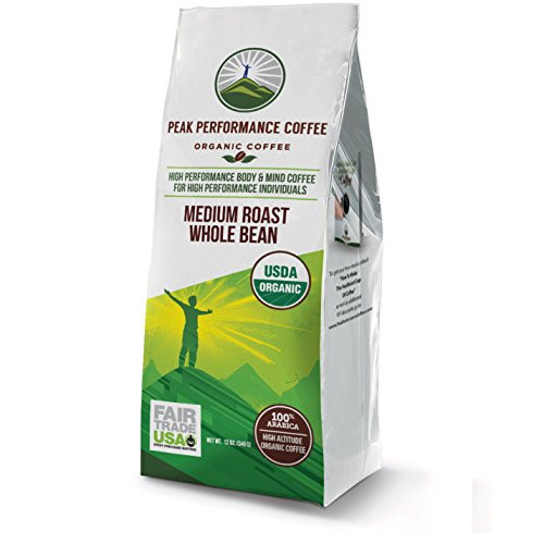 Peak Performance High Altitude Organic Coffee. No Pesticides, Fair Trade, Non GMO, And Beans Full Of Antioxidants! Medium Roast Low Acid Smooth Tasting USDA Certified Organic Whole Bean Coffee Bag