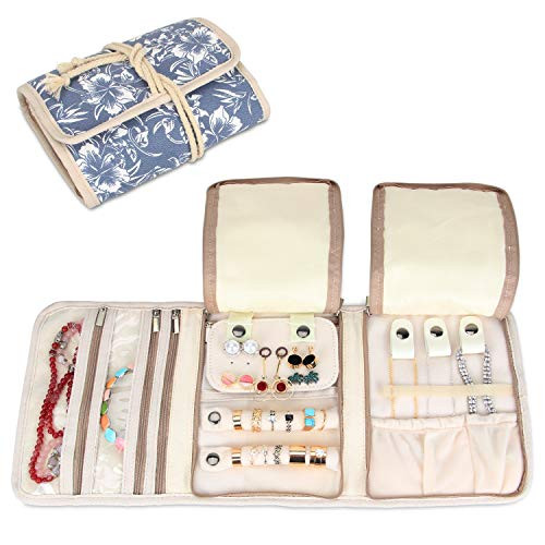 Teamoy Travel Jewelry Roll, Jewelry Storage Bag Organizer for Necklaces, Earrings, Bracelets, Rings, Brooches and More, Compact and Easy to Carry, Blue Flower