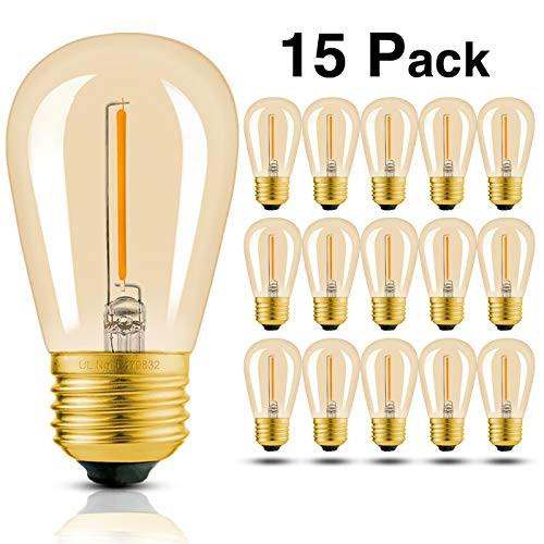 Hizashi - 15 Pack - 1W S14 LED Light Bulbs, Dimmable LED Edison Bulb E26, Equal to 11W Incandescent Bulbs, 2600K Warm White Filament Replacement Bulbs Amber Glass for Outdoor String Lights, UL Listed