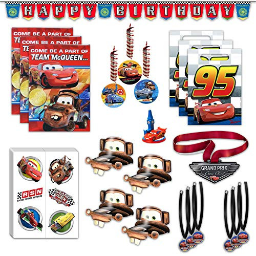 Disney Cars Birthday Party Favors Bundle - 8 Guest - Invites, Thank You Cards, Candle Holder, Temporary Tattoos, Medals, Party Hats, Favor Bags, Banner, Hanging Decorations & Guest of Honor Medal