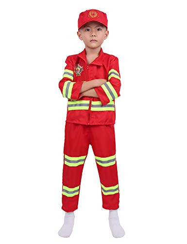 inlzdz Kids Boys Girls Firefighter Fireman Costume Role Play Cosplay Fancy Jacket Pants with Hat 3pcs Set Red 4-5