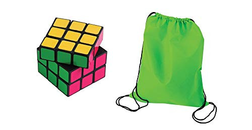 Neon Puzzle Cube Toy Party Favor Supplies 24 Piece Set for 12 Bundle Puzzle Cubes Drawstring Backpacks