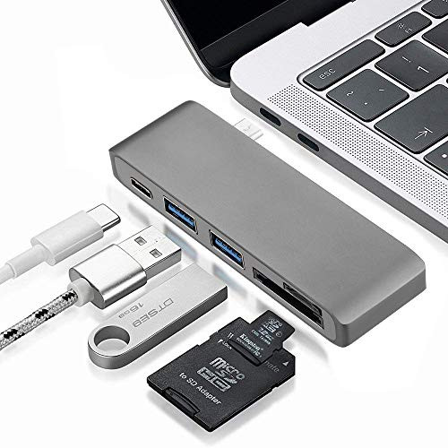 USB C Hub,JAMSWALL 5 in 1 Type-C Adapter,2 Aluminum USB-C 3.0 Charging Port,SD/Micro Card Reader for MacBook,MacBook Pro,Phone,Laptops Other USB Type-C Devices (Sky Gray)