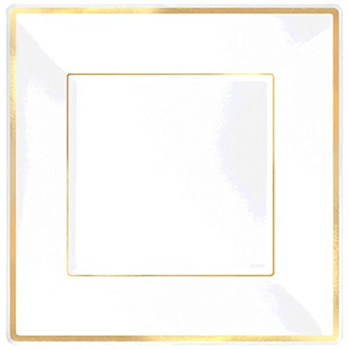 White with Gold Trim, Square Plastic Plate | 10" | 12 Ct.