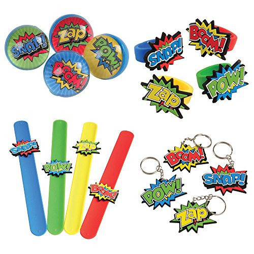 Kid Fun Superhero Toy Party Favor Supplies Set 12 Bundle 48 Pieces Keychains Snapbracelets Balls Rings