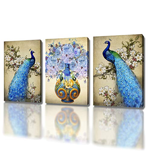 DXYJUYI Peacock 3 Panel Modern Stretched and Framed Animals Artwork Landscape Giclee Canvas Prints Pictures Paintings on Canvas Wall Art for Living Room Bedroom Home Decorations