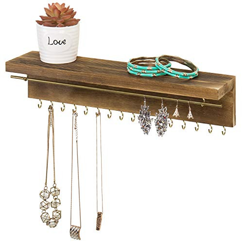 MyGift 2-Tier Wall Mounted Modern Wood & Brass Jewelry Display Rack with Shelf