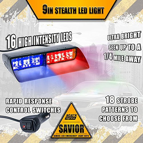 16 LED Emergency Dash Light Dual Rapid Switch Windshield Warning Hazard Safety 17 Flashing Strobe Modes Car Truck Vehicle Law Enforcement Police - Red/Blue